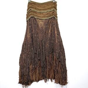 XXI Boho Crochet Midi Skirt XS Brown layered Lace Fringe Y2K 2000s Forever 21